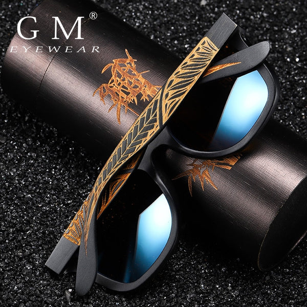 نظارة شمسية من العلامة التجارية جي إم مصنوعة من خشب الخيزران للرجال والنساء، نظارات شمسية خشبية مصنوعة يدويًا باللون الأسود